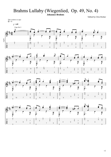 Wiegenlied ("Lullaby"), Op. 49, No. 4 (Solo Fingerstyle Guitar Tab) (arr. Chris Richter)