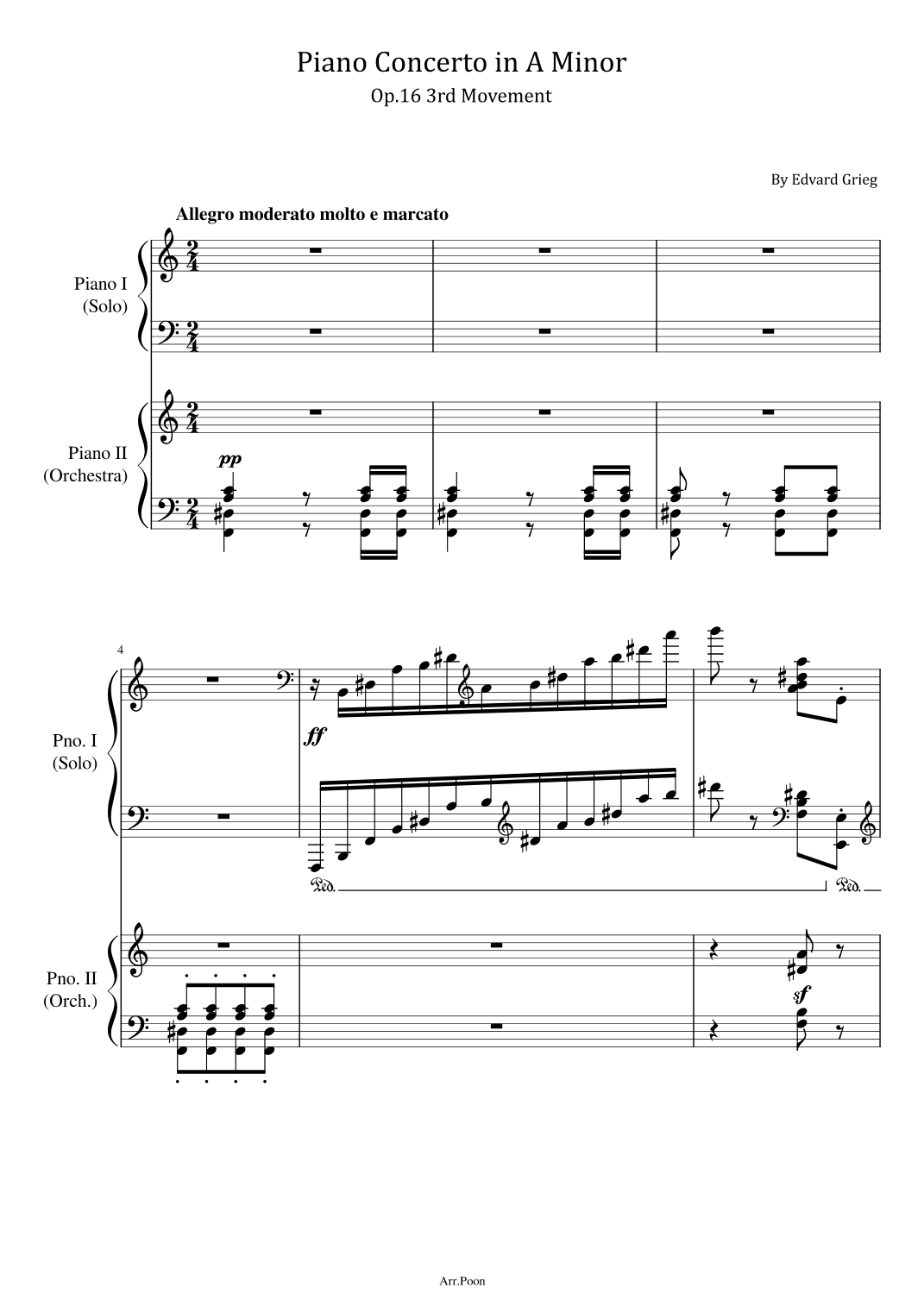 Grieg - Piano Concerto in A Minor  - Op.16 3rd Mvt - For Piano four hands Original (arr. poon)