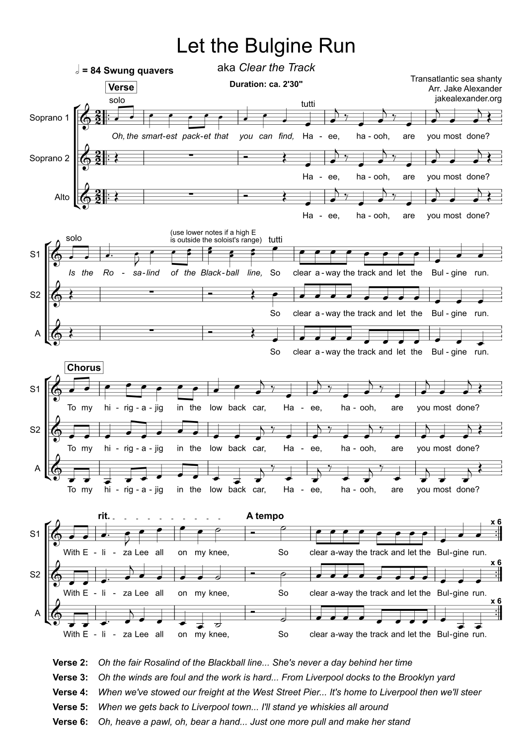 Let the Bulgine Run - SSA a cappella (arr. Jake Alexander)