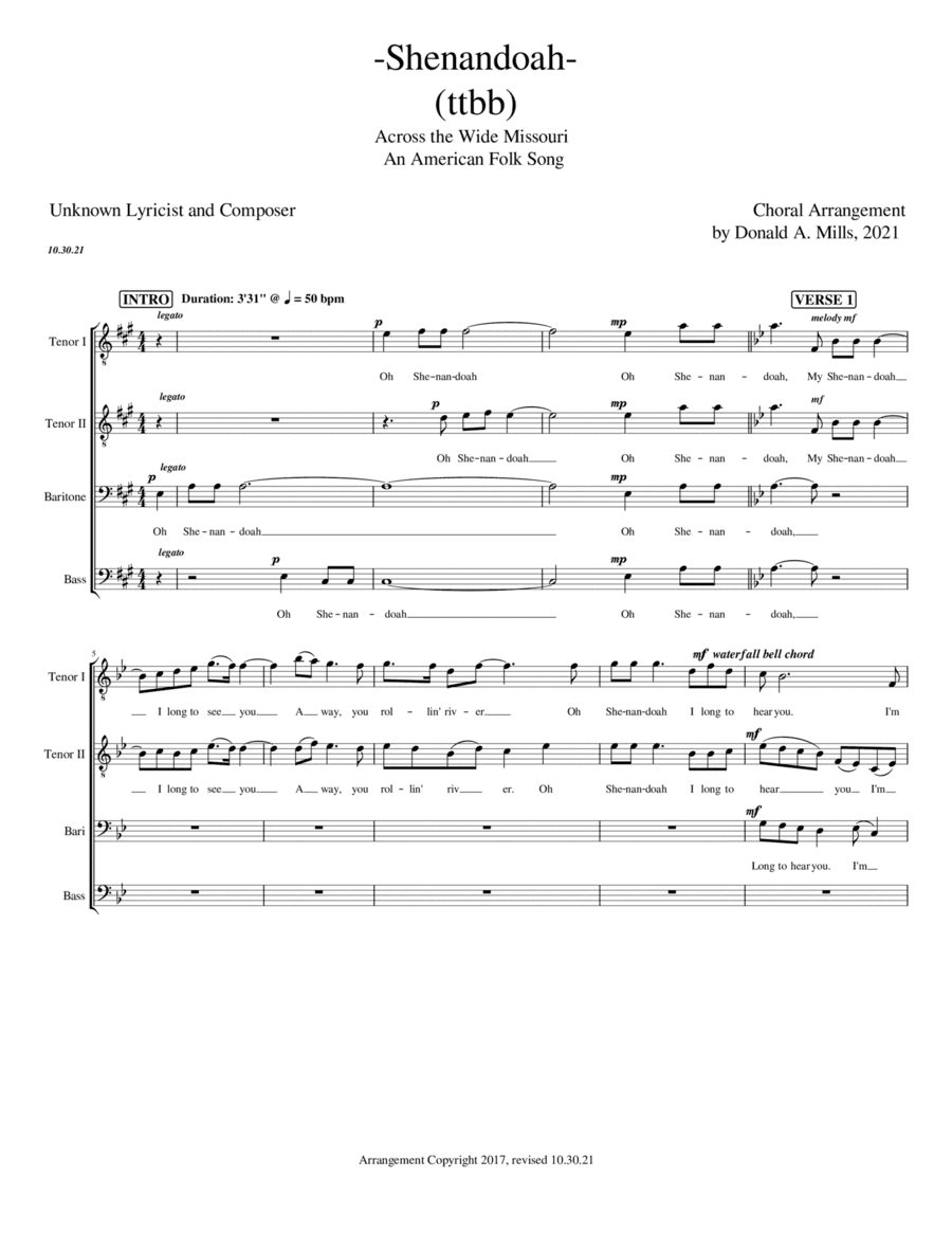 Shenandoah - ttbb (arr. Donald A. Mills)