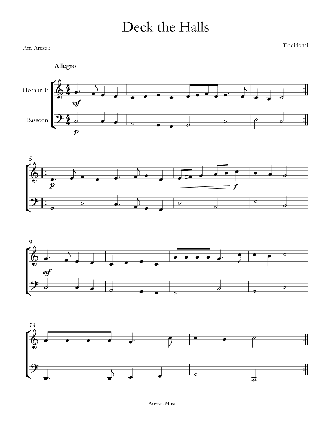 deck the halls sheet music arrangement for Horn and bassoon (arr. Arezzo Music)
