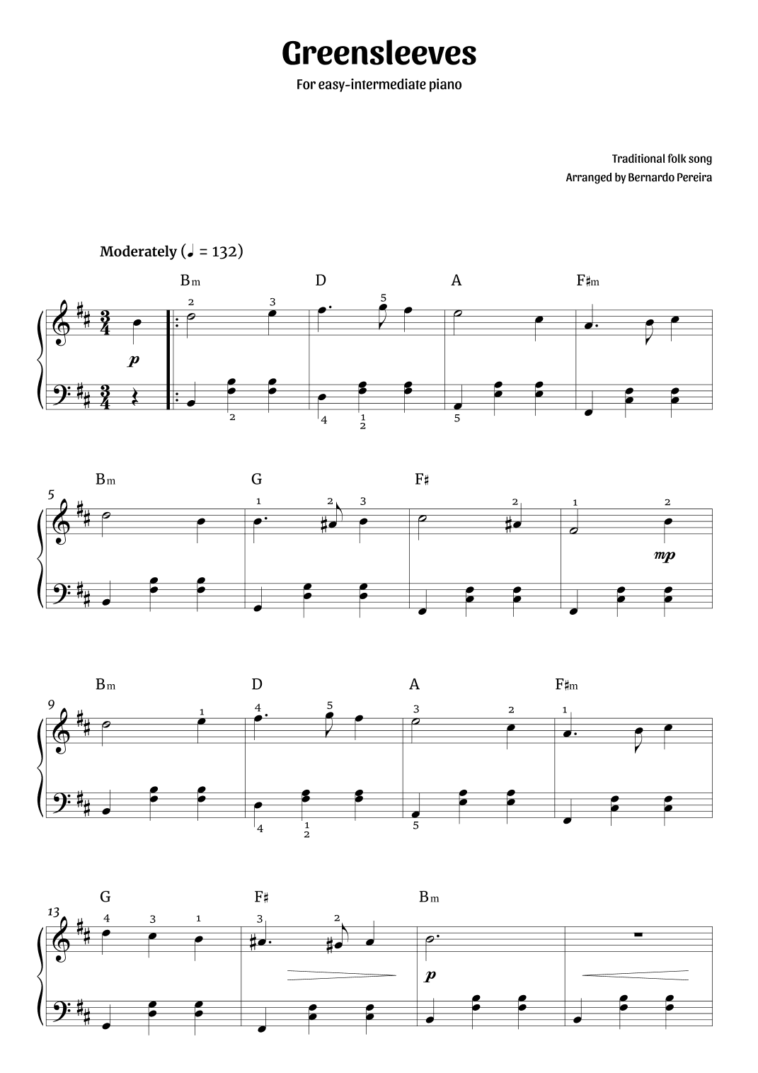 Greensleeves (easy-intermediate piano – B minor) (arr. Bernardo Pereira)