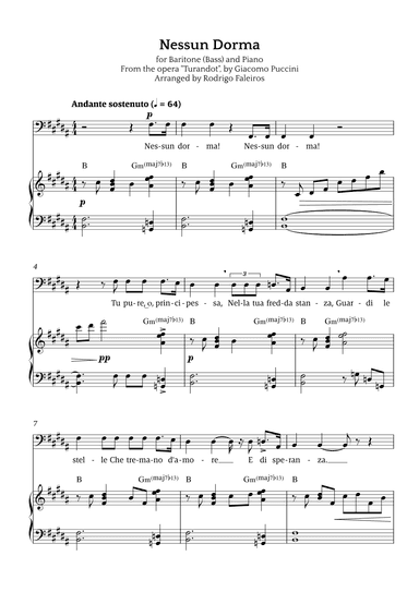 Nessun Dorma (for baritone or bass and piano) (arr. Rodrigo Faleiros)