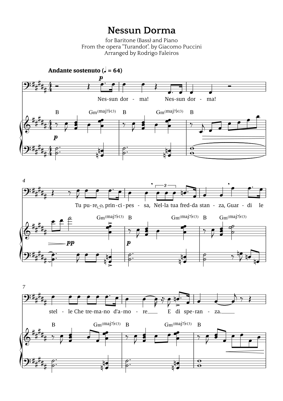 Nessun Dorma (for baritone or bass and piano) (arr. Rodrigo Faleiros)