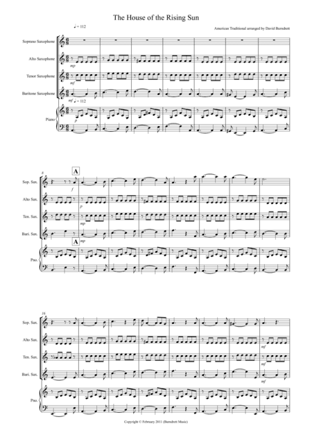 House of the Rising Sun for Saxophone Quartet (arr. David Burndrett)