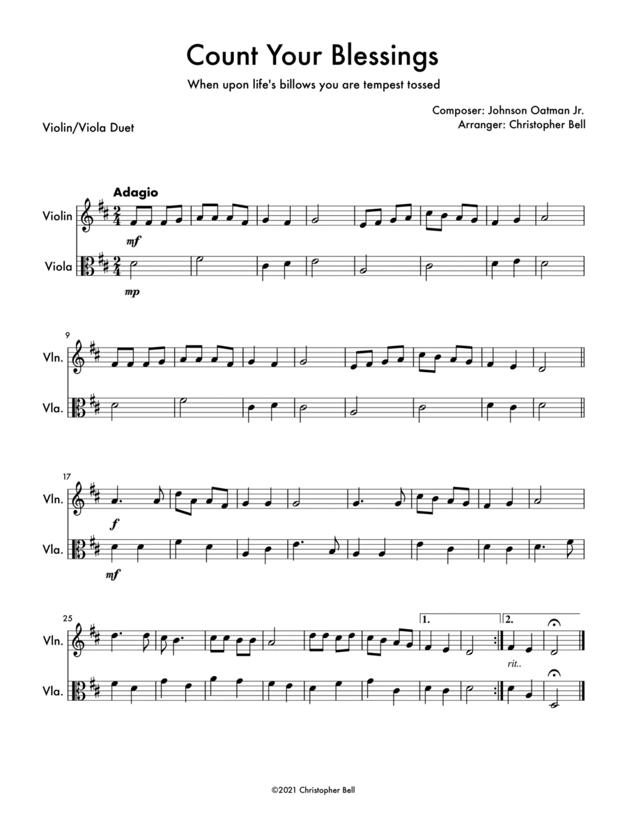 Count Your Blessings - Easy Violin/Viola Duet (arr. Christopher Bell)