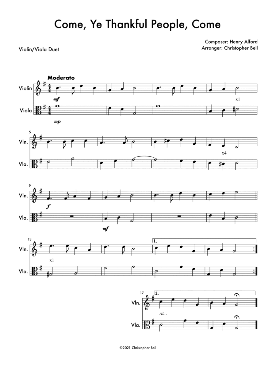 Come, Ye Thankful People, Come - Violin/Viola Duet (arr. Christopher Bell)