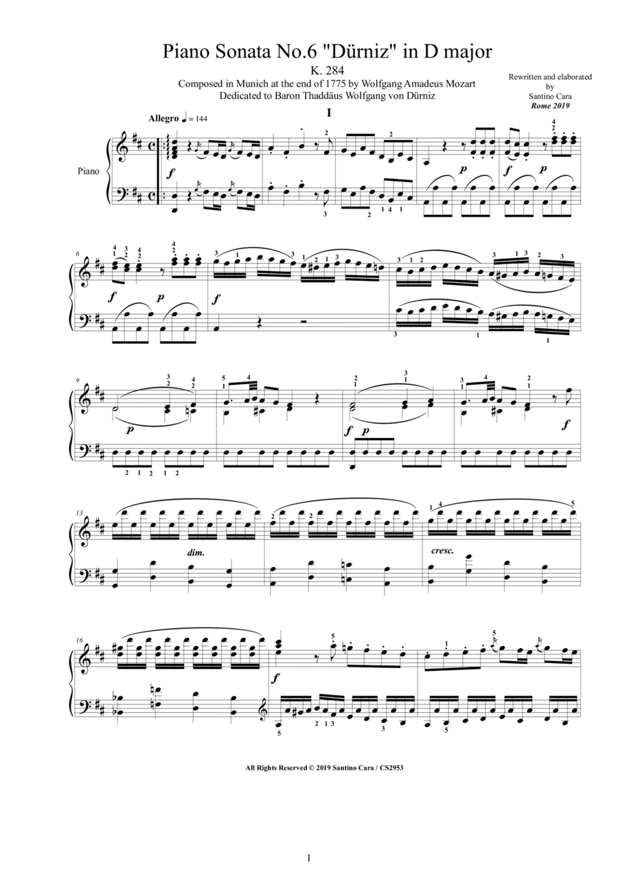 Mozart - Piano Sonata No.6 'Durniz' in D major K 284 - Complete score (arr. Santino Cara)