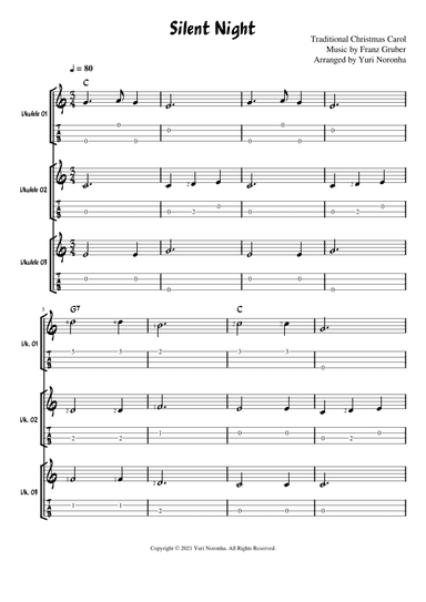 Silent Night - Ukulele Ensemble (Three melodies and Chords) - Very Easy Traditional Carol (arr. Yuri Noronha)