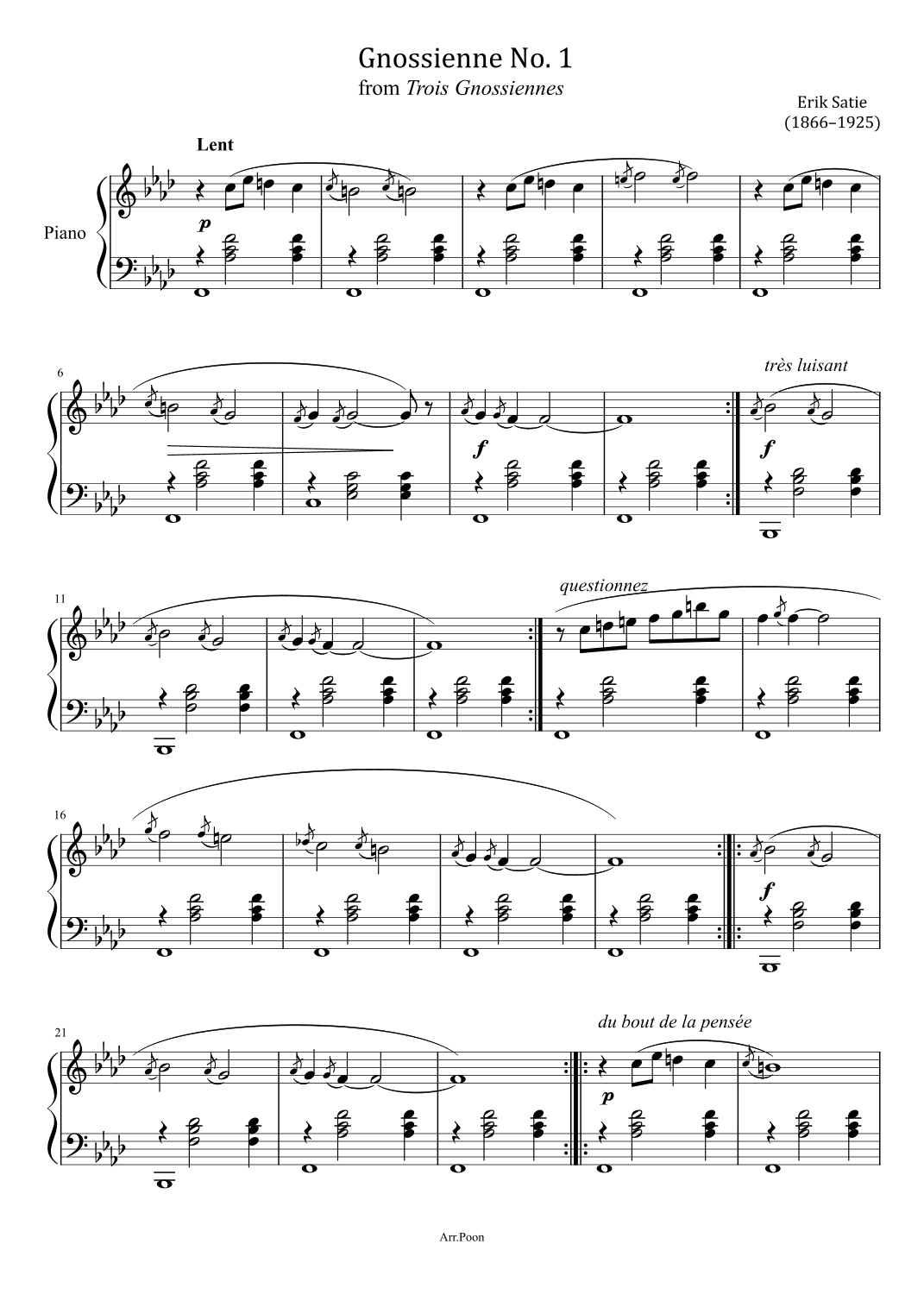 Erik Satie - Gnossiennes No.1 - from Trois Gnossiennes - Original (arr. poon)