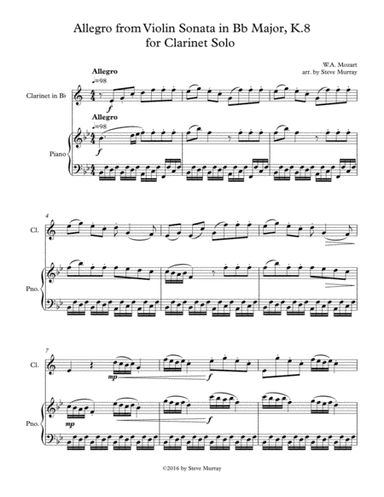 Allegro from Violin Sonata in Bb Major, K.8 for Clarinet Solo (arr. Steven H Murray)