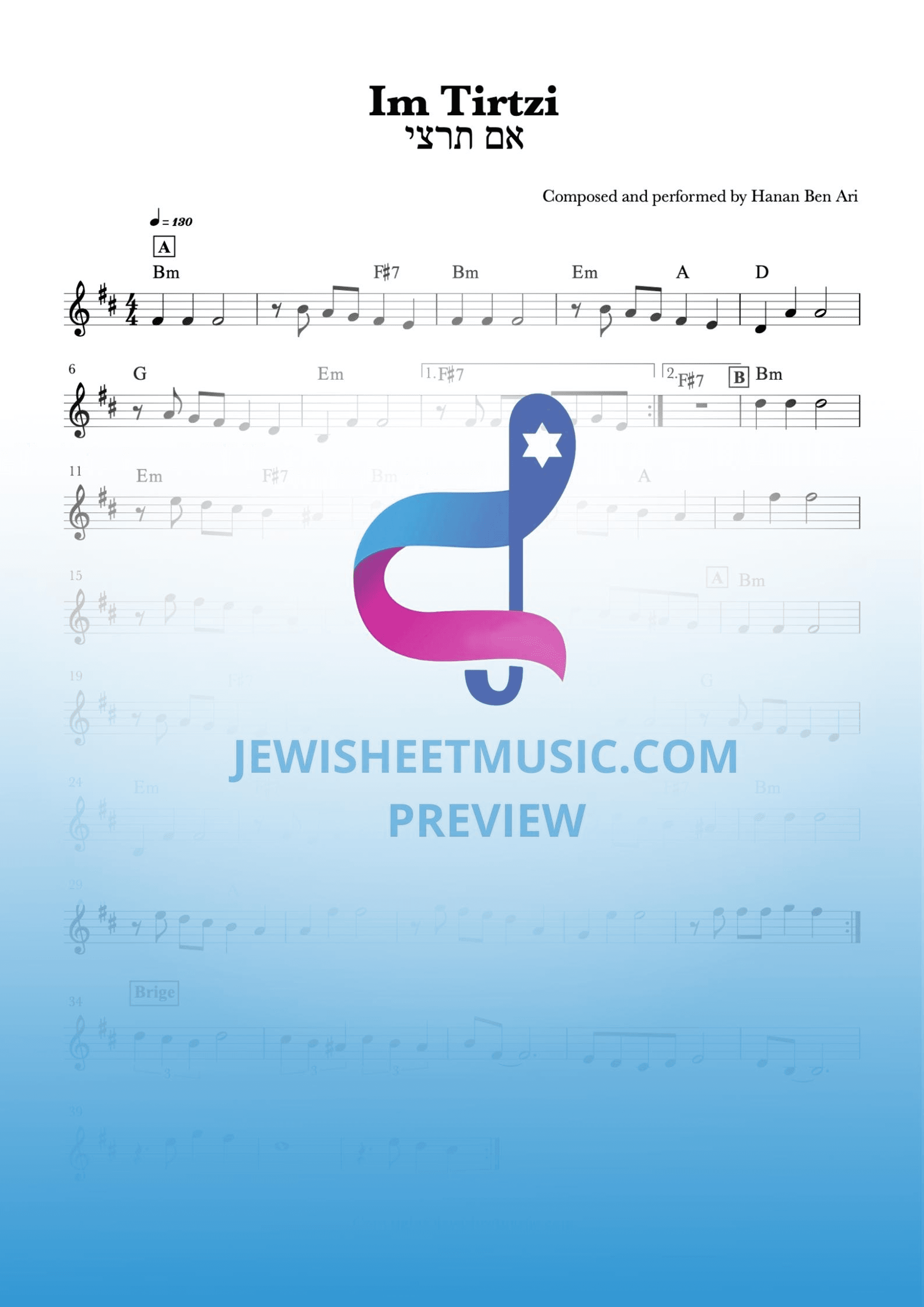 Im Tirtzi  by Hanan Ben Ari. Lead sheet with chords (arr. R. Sloboder)