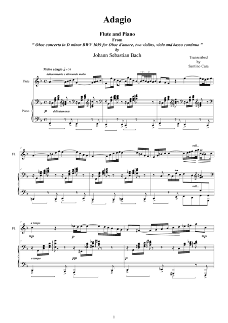 Bach J.S - Adagio for Flute and piano mov.2 Concerto in D minor BWV1059 (arr. Santino Cara)