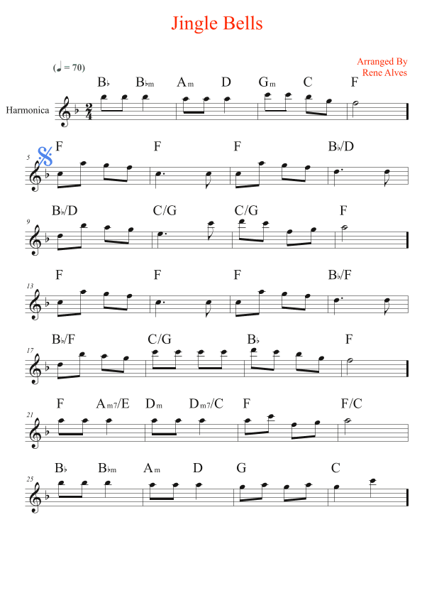 jingle bells, Christmas music of cipher and melody for harmonica (arr. Rene Alves)