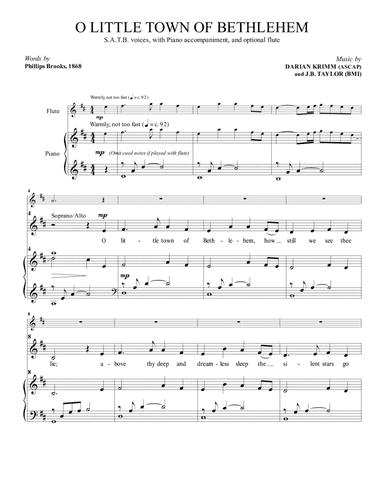 O Little Town of Bethlehem (For SATB choir and piano, with optional flute) (arr. J.B. Taylor)