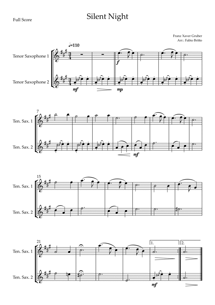 Silent Night (Christmas Song) for Tenor Saxophone Duo (arr. Fabio Britto)