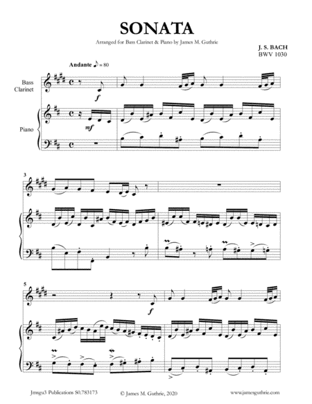 BACH: Sonata BWV 1030 for Bass Clarinet & Piano (arr. James Guthrie, ASCAP)