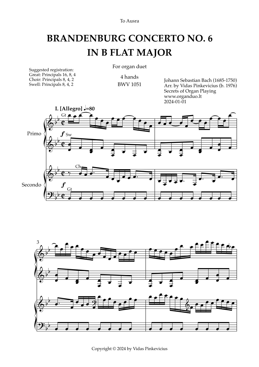 Brandenburg Concerto No. 6 in Bb Major, BWV 1051 (arr. for Organ Duet) by Johann Sebastian Bach (arr. Vidas Pinkevicius)