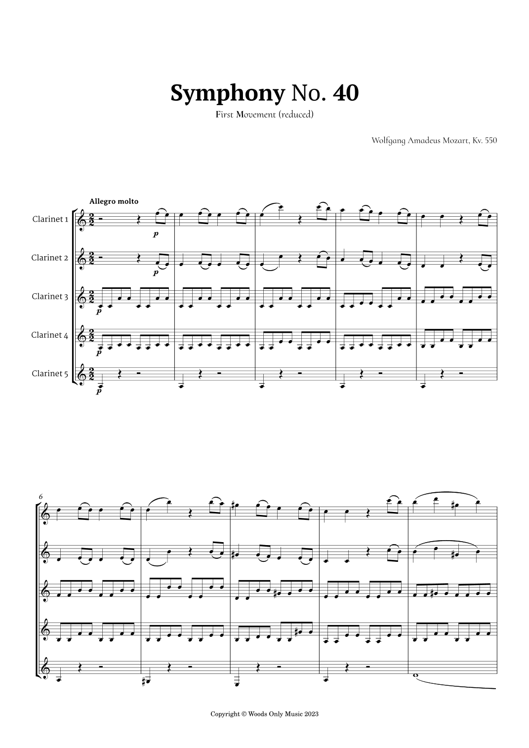 Symphony No. 40 by Mozart for Clarinet Quintet (arr. Ander)