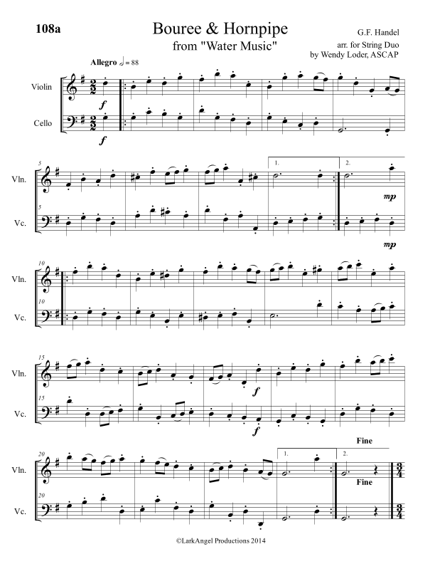Bouree & Hornpipe (Water Music) for DUO (Violin & Cello) (arr. Wendy Loder, ASCAP)