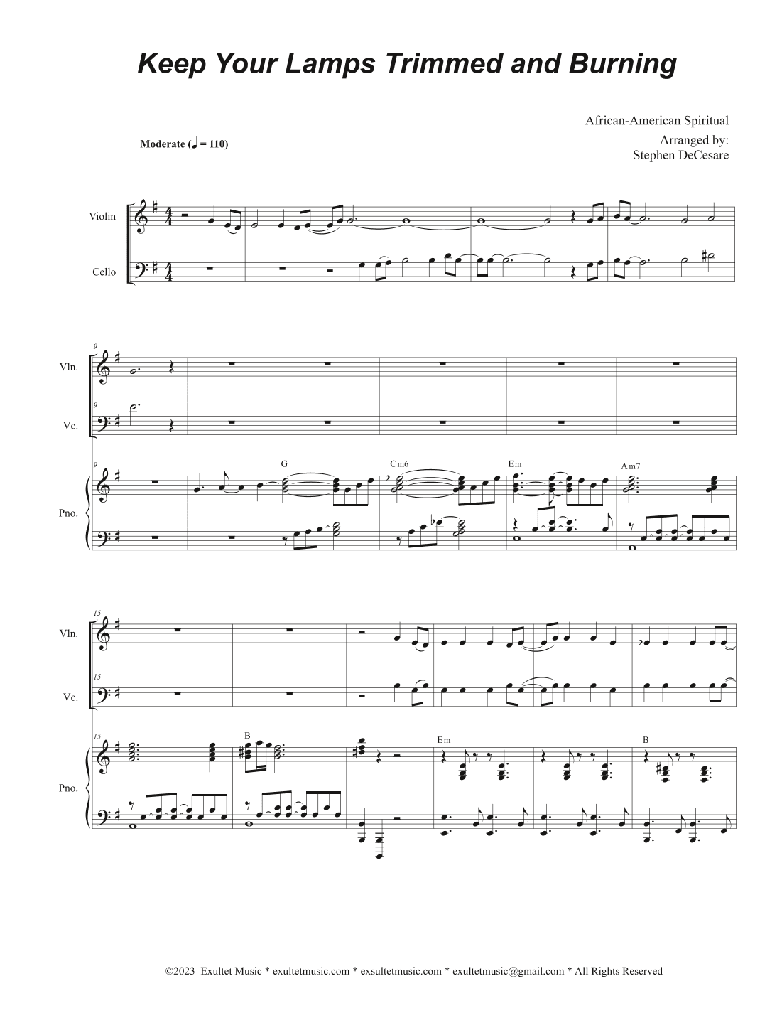 Keep Your Lamps Trimmed And Burning (Duet for Violin and Cello) (arr. Stephen DeCesare)