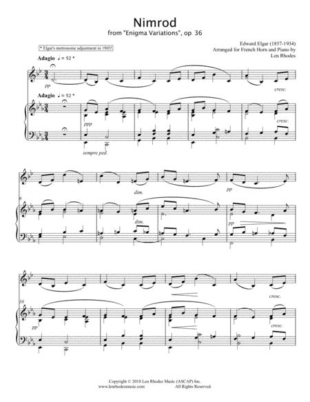 Elgar - Nimrod from 'Enigma Variations', arranged for French Horn and Piano (arr. Len Rhodes)