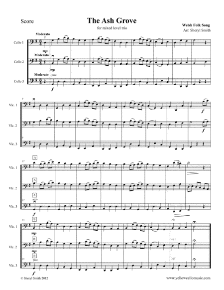 The Ash Grove, a Welsh Folk song for mixed-level cello trio (arr. Yellow Cello Music)