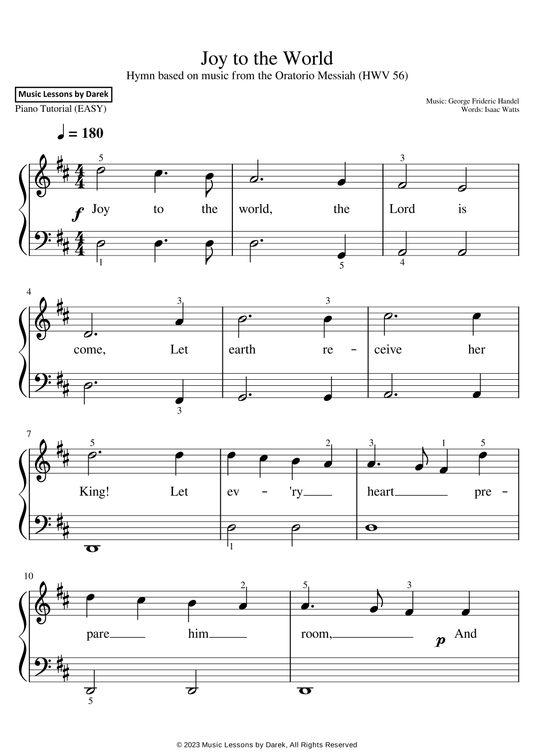 Joy to the World (EASY PIANO) Hymn based on music from the Oratorio Messiah (HWV 56) (arr. Darek)