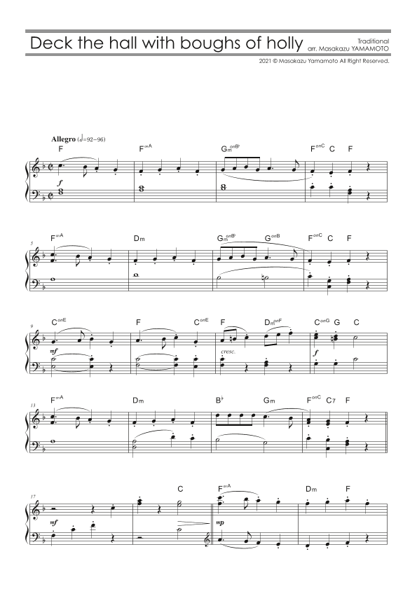 Deck the hall with boughs of holly [Piano solo / early intermediate / Christmas Music Arr.] (arr. Masakazu YAMAMOTO)