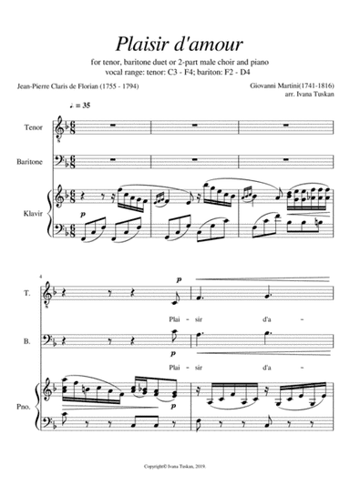 Plaisir d'amour, for tenor, baritone and piano, F major (arr. Ivana Tuskan)