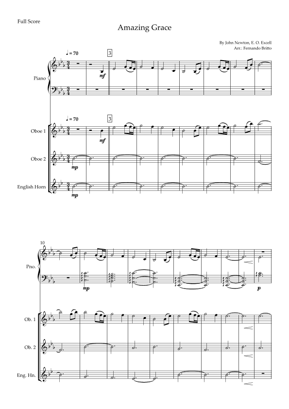 Amazing Grace for Woodwind Trio and Piano Accompaniment with Chords (arr. Fernando Britto)