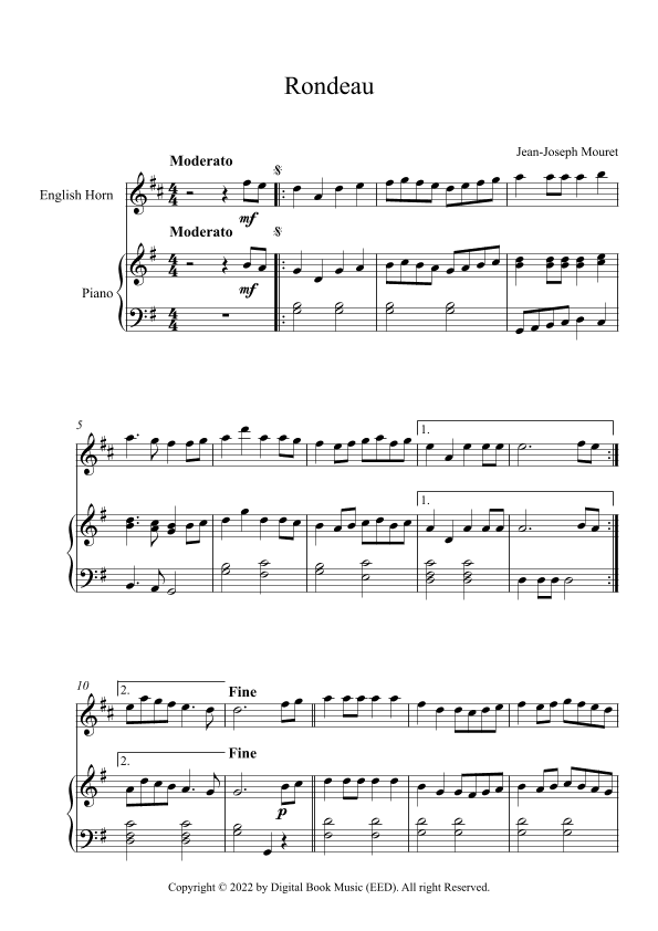 Rondeau - Jean-Joseph Mouret (English Horn + Piano) (arr. Digital Book Music)