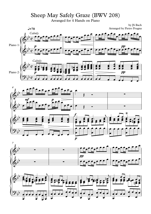Sheep May Safely Graze (BWV 208) by JS Bach - arranged for Piano Duet (arr. Pietro Prugna)