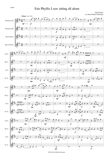 Fair Phyllis I saw sitting all alone for clarinet quartet (E flat, B flat, Alto and Bass) (arr. David Warin Solomons)