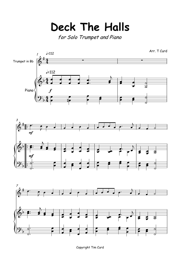 Deck The Halls for Solo Trumpet in Bb  and Piano (arr. Tim Curd)