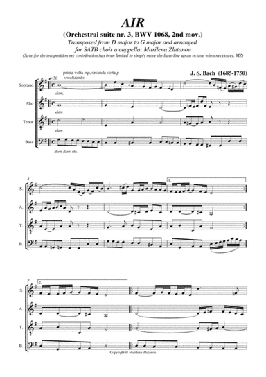 AIR, by J. S. Bach, BWV 1068 for SATB choir a cappella (arr. Marilena Zlatanou)