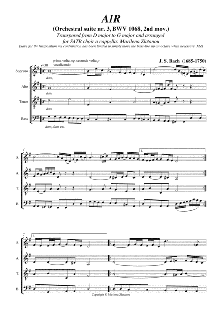 AIR, by J. S. Bach, BWV 1068 for SATB choir a cappella (arr. Marilena Zlatanou)