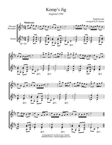 Kemp's Jig and Spilt Whiskey (Suo-gan) for descant recorder and guitar (arr. K. Krantz)