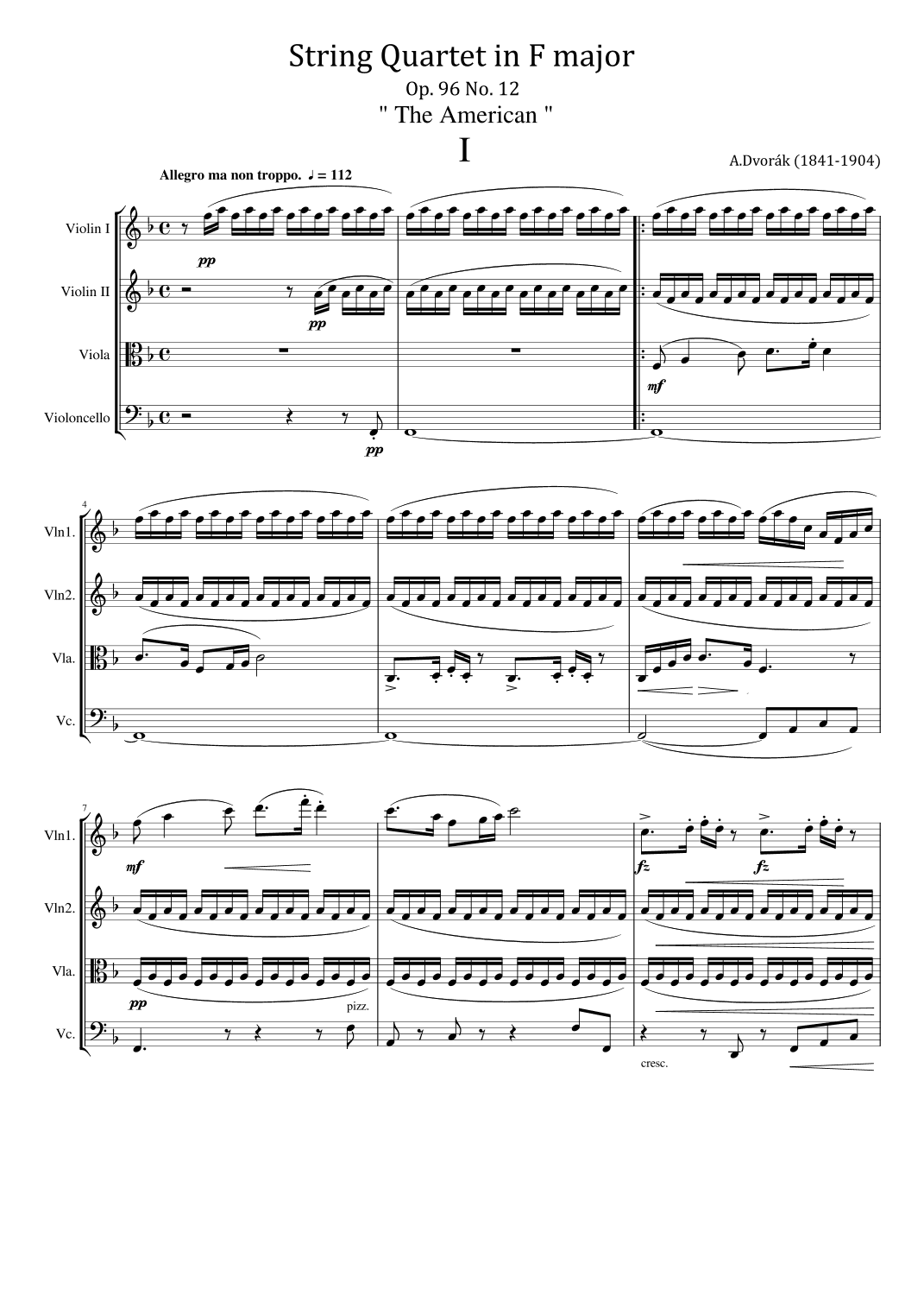 A.Dvorák String Quartet in F major - Op.96 No.12 " The American " Original - Full Score (arr. poon)