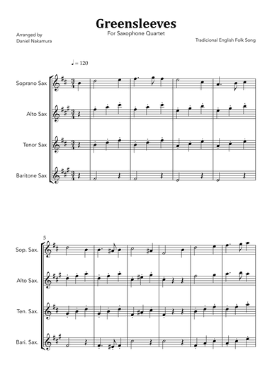 Greensleeves (For Sax Quartet) (arr. Daniel Nakamura)