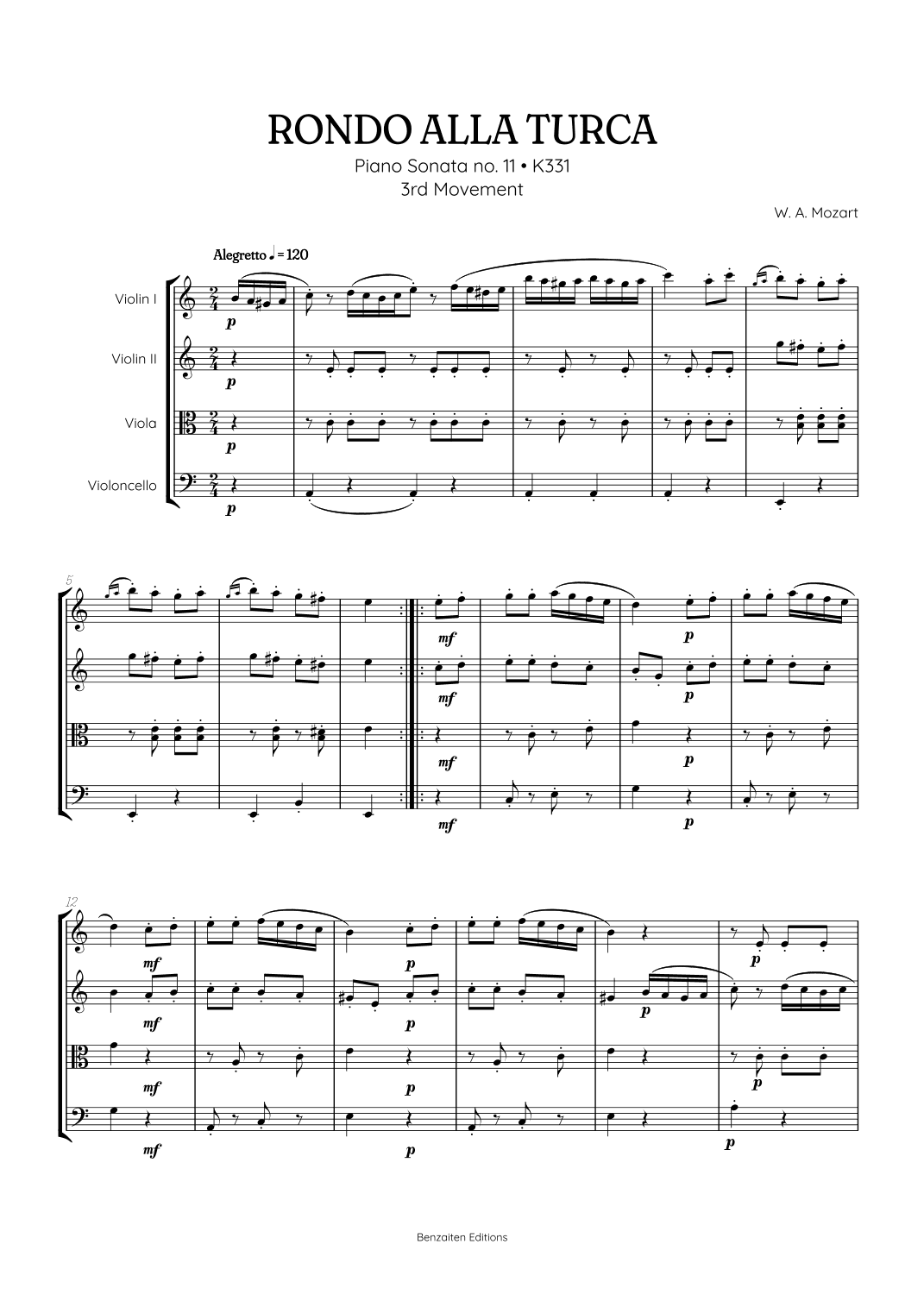 Rondo Alla Turca (Turkish March) |  String Quartet Sheet Music (arr. Benzaiten Editions)