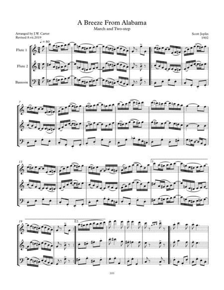 A Breeze from Alabama, March & Two-step, (1902), by Scott Joplin, arranged for 2 Flutes & Bassoon (arr. J.W. Carter)