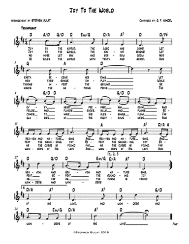 Joy To The World - Lead sheet (melody, lyrics & chords) in key of D (arr. Stephen Bulat)