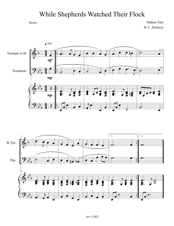 While Shepherds Watched Their Flock (Trumpet and Trombone Duet with Piano Accompaniment) (arr. B. C. Dockery)