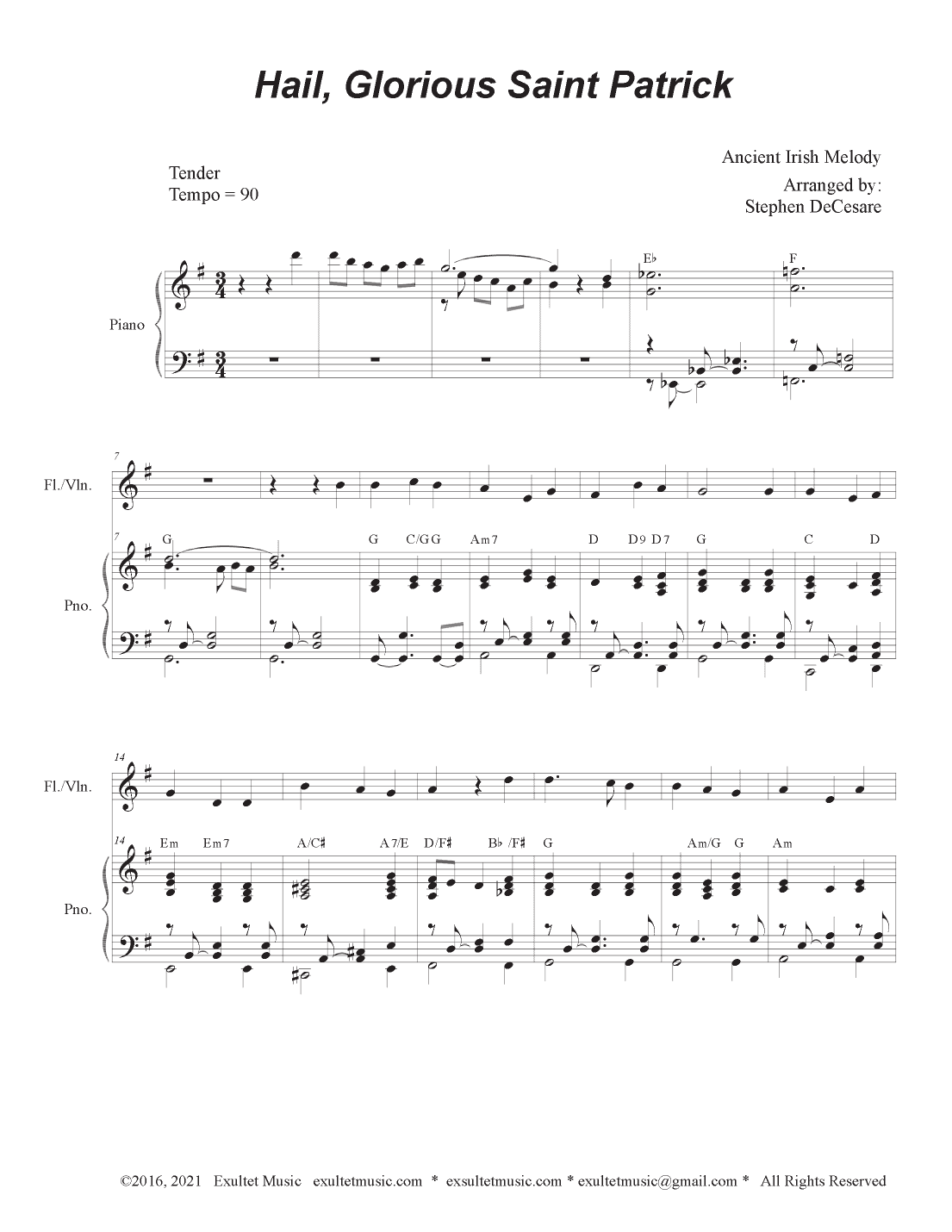 Hail, Glorious Saint Patrick (Flute or Violin solo and Piano) (arr. Stephen DeCesare)
