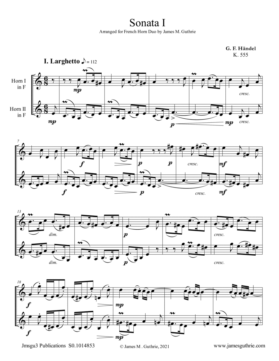 Handel: Six Sonatas Complete for French Horn Duo (arr. James M. Guthrie)