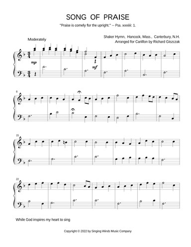 SONG OF PRAISE -- While God inspires my heart to sing  (Shaker hymn) (arr. Richard Giszczak)