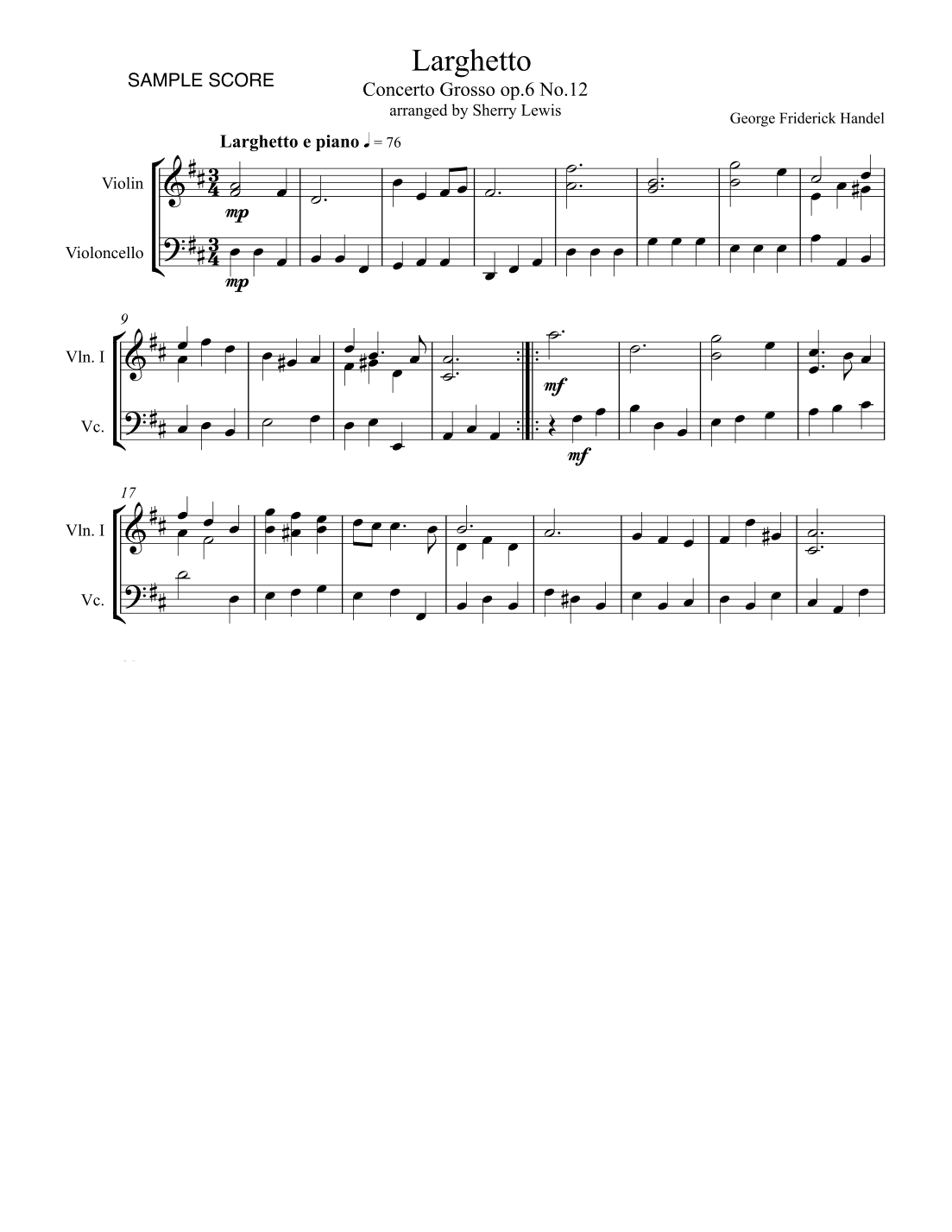 LARGHETTO,Op.6, No.12, String Duo, Intermediate Level for violin and cello (arr. Sherry Lewis)