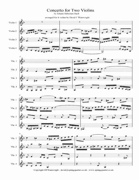 Bach's Concerto for Two Violins arranged for Four violins with score & parts (arr. David F Wainwright)