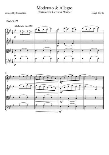 Moderato & Allegro from Seven German Dances by J. Haydn for String Quartet (arr. Joshua S. Kim)